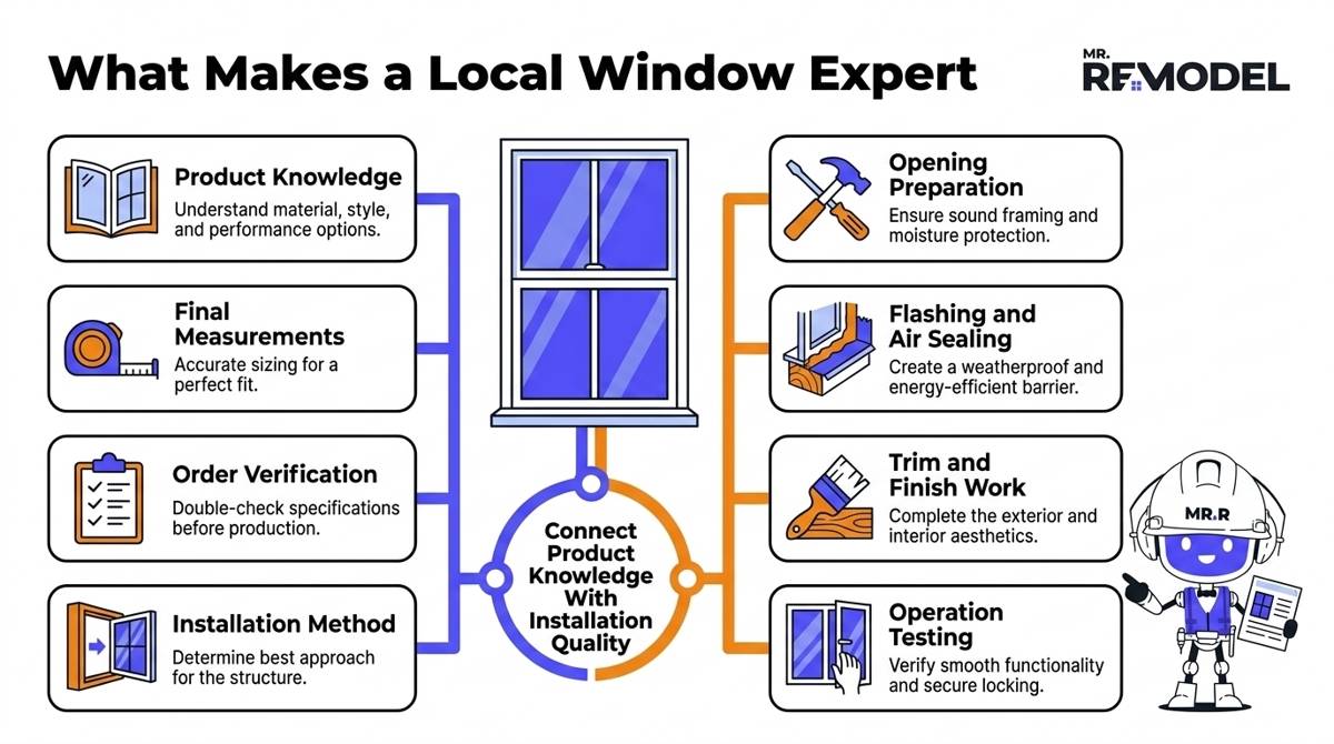 Eight qualities of a local window expert, from product knowledge and measurements through sealing, finishing, and operation testing.